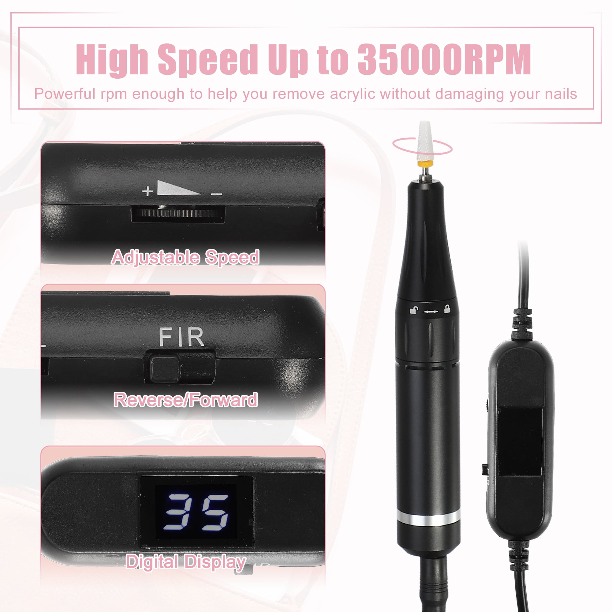 Unique Bargains 1 Set Electric Nail Drill Kit 35000RPM Nail Drill Machine Digital Display Portable Nail Drill Black