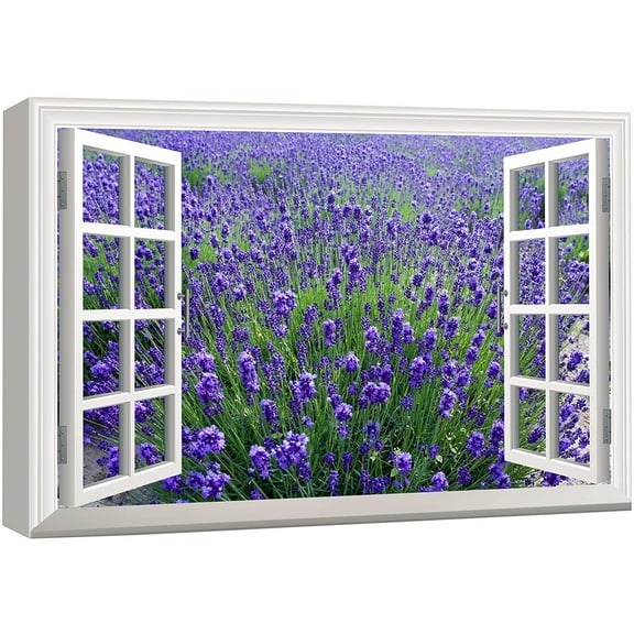wall26 Canvas Print Wall Art Window View to Field of Lavender Flowers Nature Wilderness Photography Realism Rustic Landscape Colorful Multicolor Ultra for Living Room, Bedroom, Office - 16"x24&q