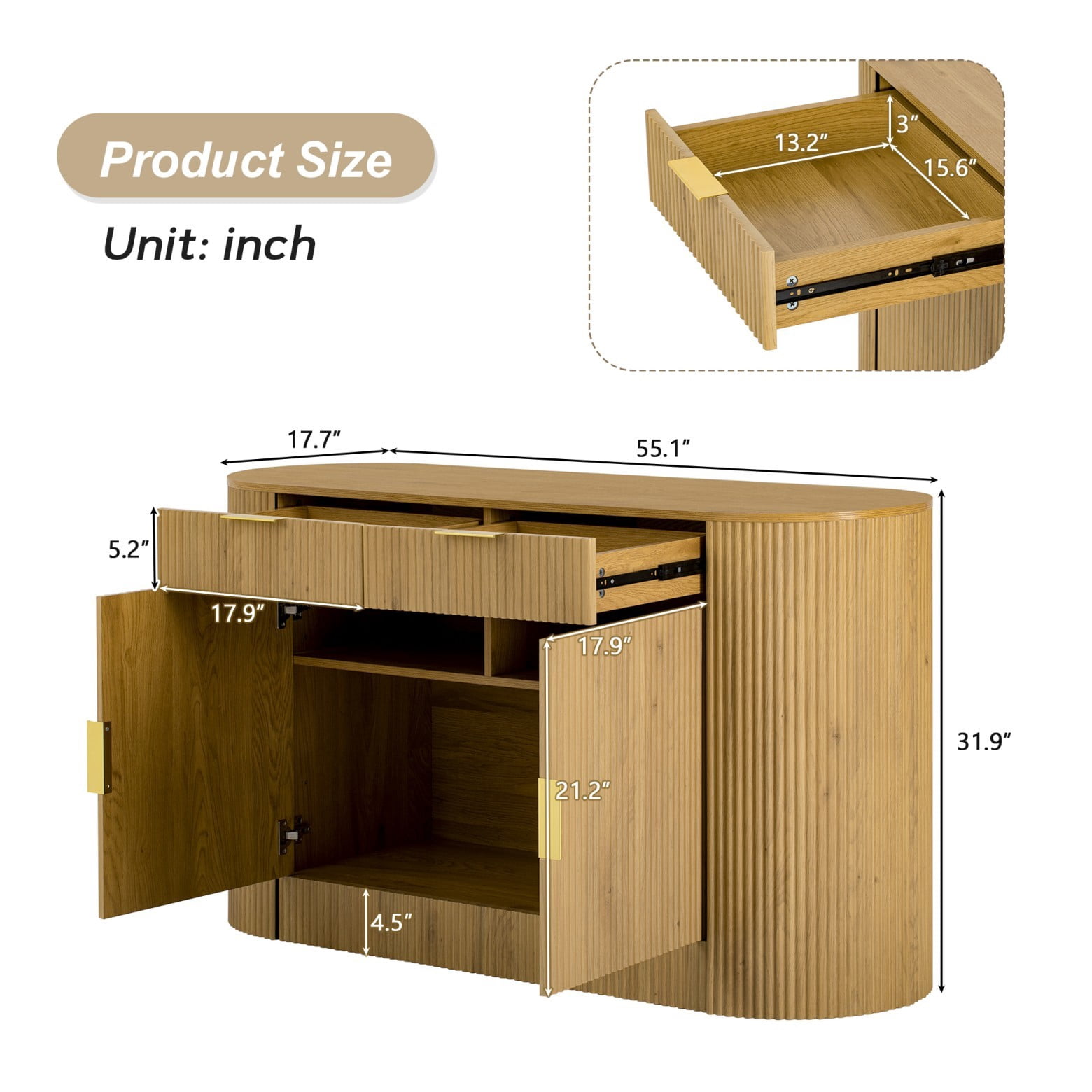 55.1" Storage Cabinet with 2 Doors & 2 Drawers, Stripe MDF Sideboard with Curved Side Door & 3-Tier Shelves, Buffet Cabinet for Living Room Dining Room Bedroom, Natural