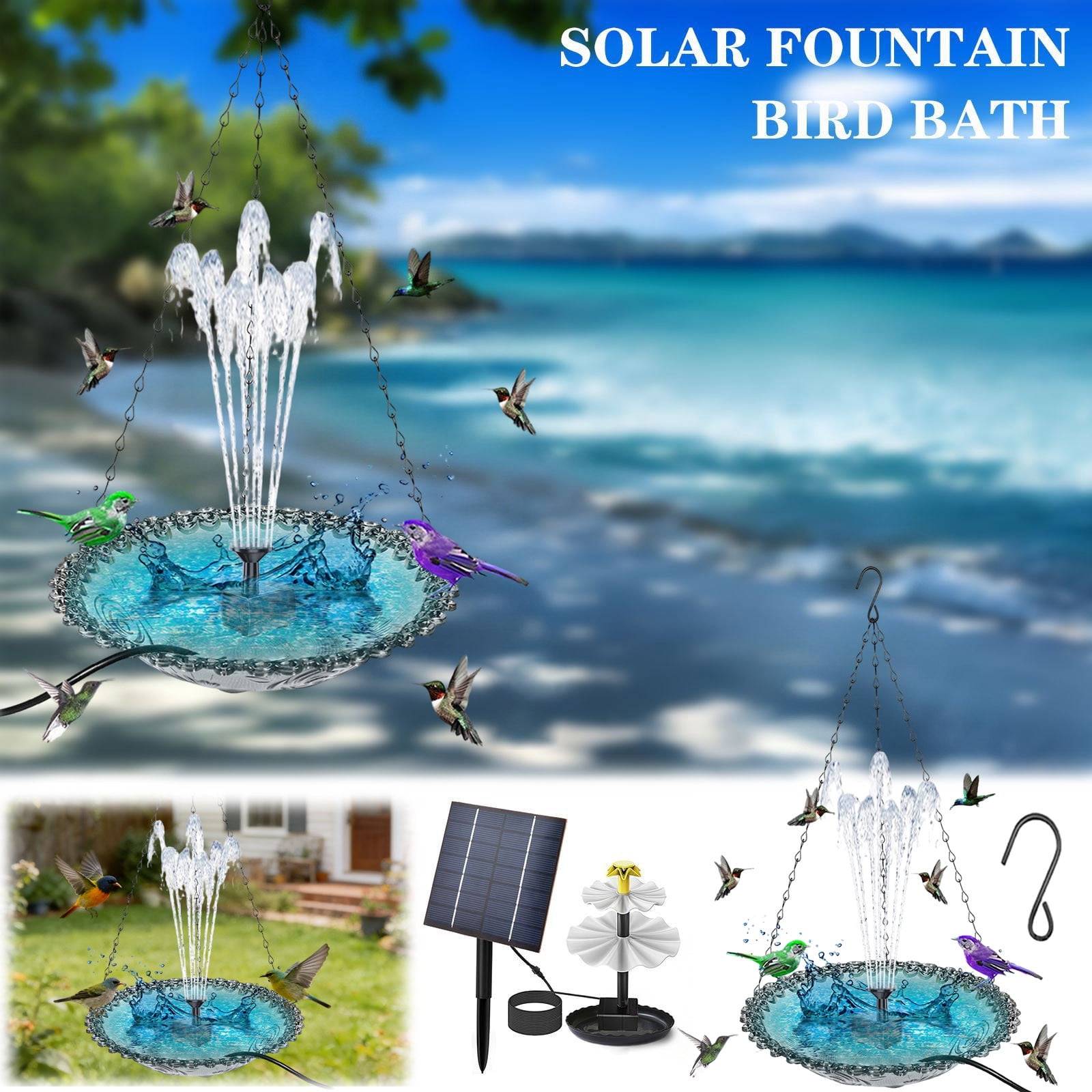 Coollooc Solar Powered Hanging Feeder Birdbath, 9x18 Inch Outdoor Hanging Bird Bath with Solar Fountain, Large Humming Birds Baths Fountains, with Solars Pump & Glass Bowl, for Gardens(1-Gray)