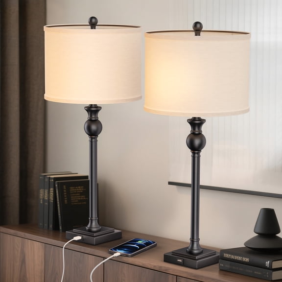 Maxax Black Table Lamps Set of 2, 28.5" Industrial Living Room Lamps with USB Ports, Modern Metal Bedroom Lamps