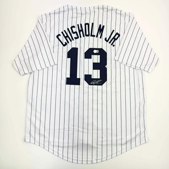 Autographed/Signed Jazz Chisholm Jr. New York Pinstripe Baseball Jersey Beckett BAS COA