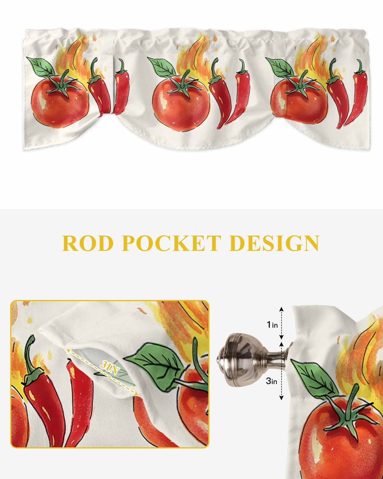 Tomato Chili Fire Tie Up Valances Curtain, Vegetable Kitchen Valances for Windows Decor, Rod Pocket Short Curtains Set for Bedroom/Bathroom, 54"x18"