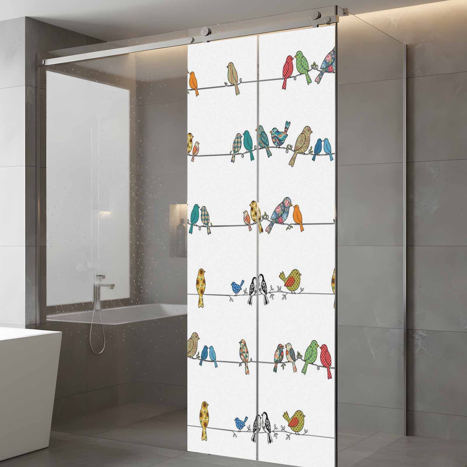 Abstract Bird Window Privacy Film, Cartoon Green Blue Red Orange Bird Stripes Frosted Glass Window Clings Static Cling UV Heat Blocking Reusable Door Sticker for Bathroom 23.6 x 59 Inch