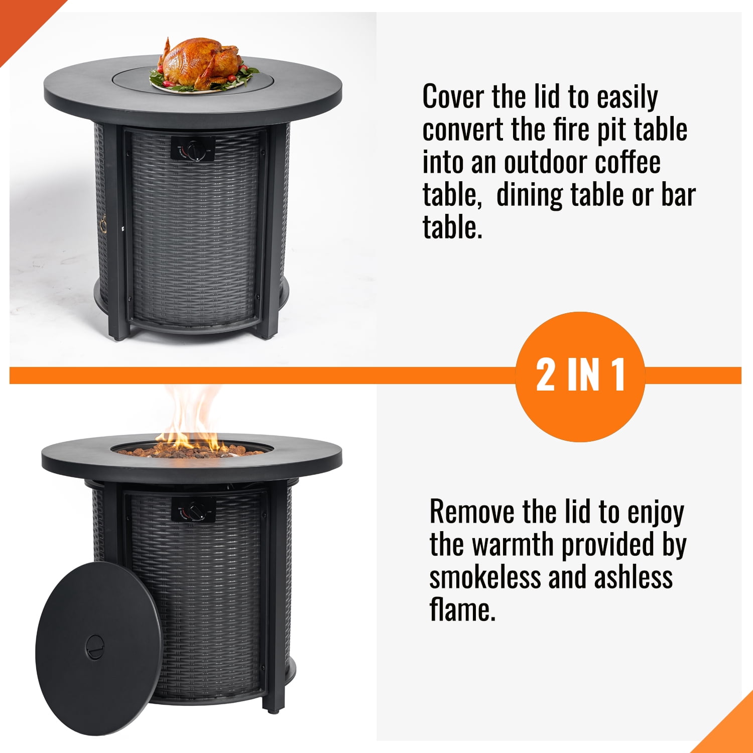 AJ Enjoy 30" Round 50,000 BTU Propane Gas Fire Pit Table with Lid, Black