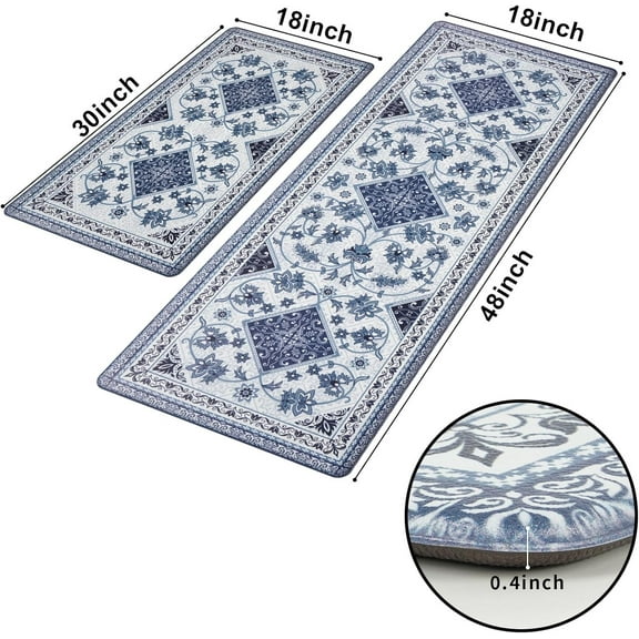Blue Boho Kitchen Mats for Floor 2 Piece, Cushioned Anti-Fatigue Kitchen Rugs, Memory Foam Kitchen Rugs and Mats Non Skid Waterproof, Blue Retro Floor Comfort Mat, 17'''' x 48'''' 17'''' x 30''''