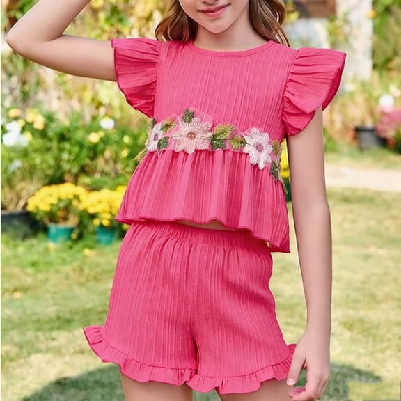Spazoro Toddler Girls 2PC Outfit Set, Casual Floral Embroidery Ruffle Sleeve Shirt & Shorts Summer Clothes Set for Baby Hot Pink Size 3-4