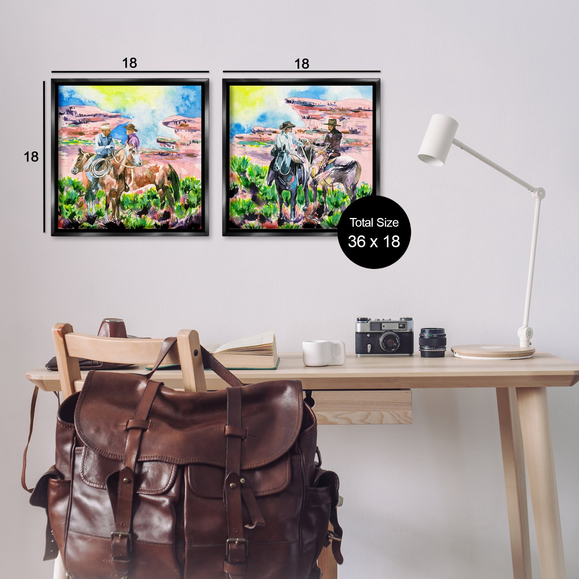 Stupell Industries Cowboys Under Western Sun Landscape & Nature Painting Black Floater Framed Canvas Art Print Wall Art, 18 x 18, Set of 2