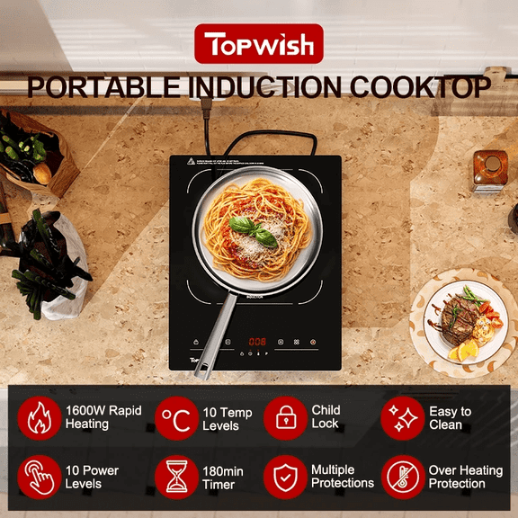 TOPWISH Portable Induction Cooktop, 1600W Single-Burner Electric Hot Plate, 10 Temperature & 10 Power Levels, 110–120V, LED Touch Control, Child Lock & Safety Protection