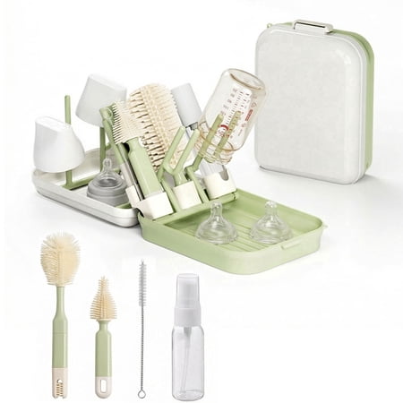 Oioane 2-in-1 Baby Bottle Cleaning Brush Set & Portable Drying Rack, Compact Countertop Organizer and Hygienic System for Bottles, Nipples, and Pump Parts