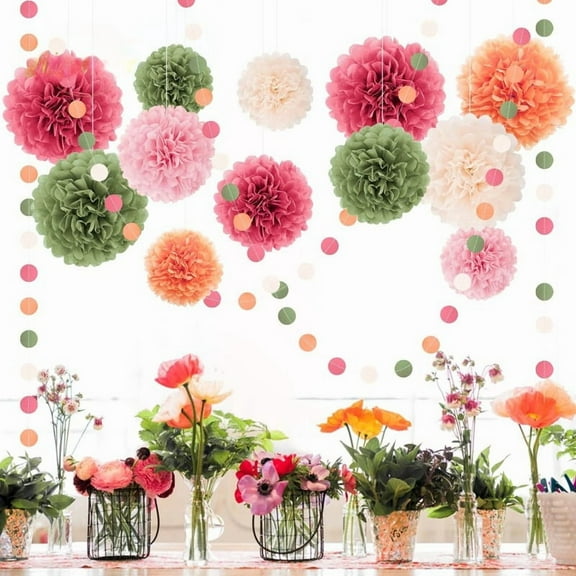 15Pcs Pink Sage Green Ivory Flamingo Paper Pom Pom Circle Dots Hanging Garland Backdrops Set for Hawaiian Summer Spring Party Wedding Baby Shower Birthday Home Shop Wall Showcase DIY Decorations