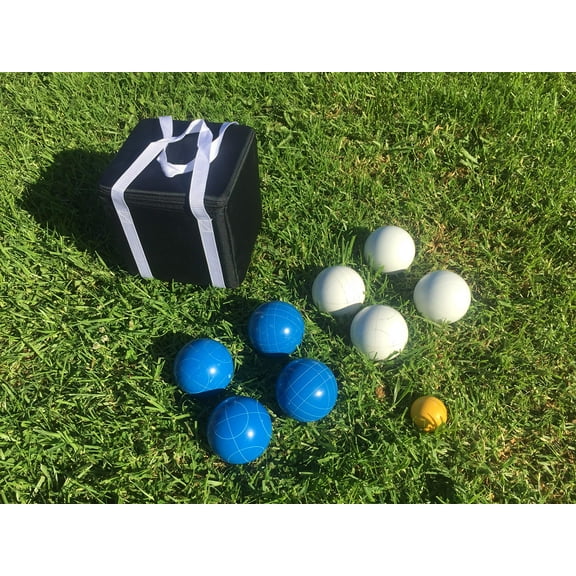 New Listing - (23 of 28) Unique Bocce Sets - 107mm with Blue and White Balls, Black Bag
