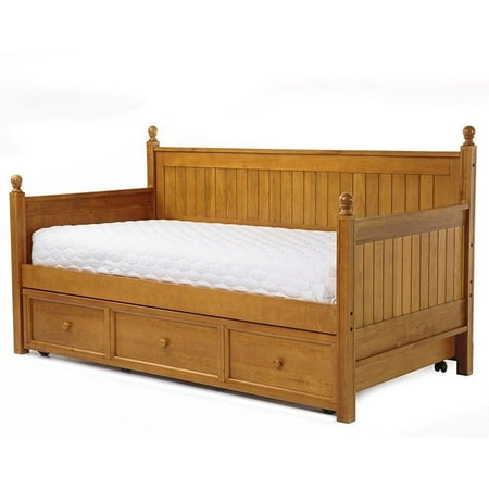 Fashion Bed Brass Daybed Casey II Wood Daybed with Ball Finials and Roll Out Trundle Drawer, Honey Maple Finish, Twin ()