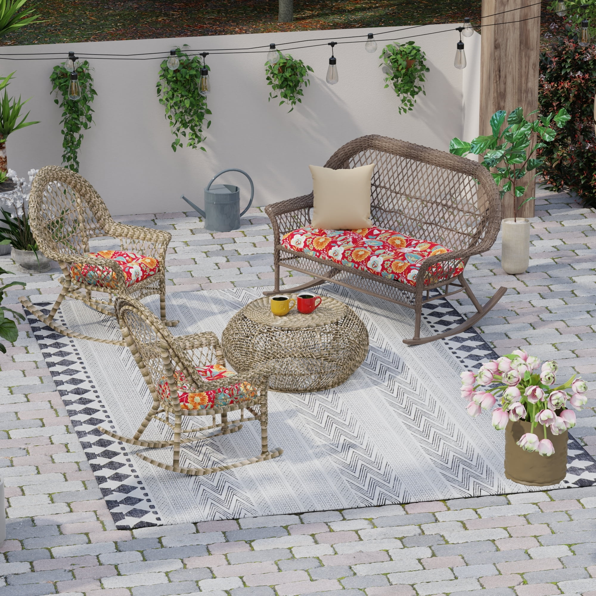 Jordan Manufacturing 3-Piece Avianna Saxony Red Floral Tufted Outdoor Cushion Set with 1 Wicker Bench Cushion and 2 Wicker Seat Cushions