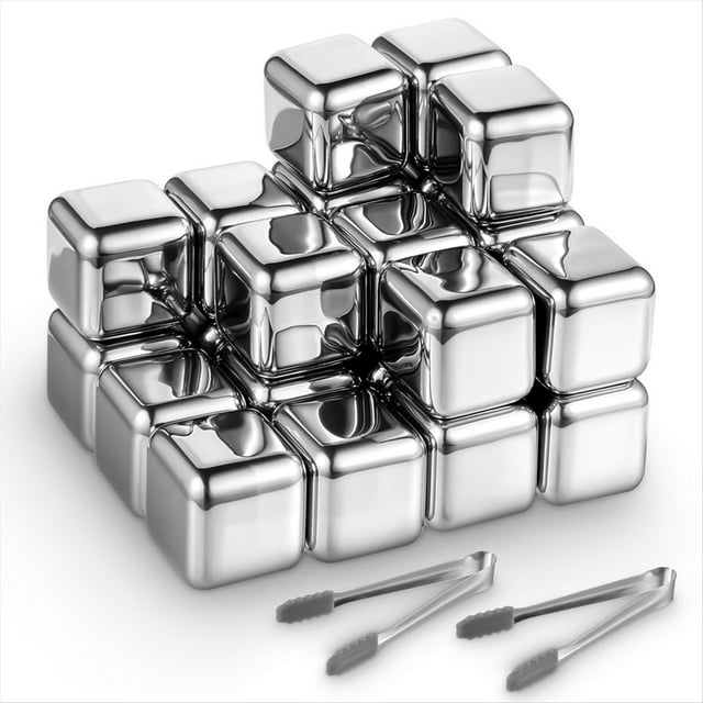Paquete de 24 Cubitos de Hielo de Acero Inoxidable, Piedras de Whisky Reutilizables de Metal, Rocas Refrescantes con Pinzas para Hielo.