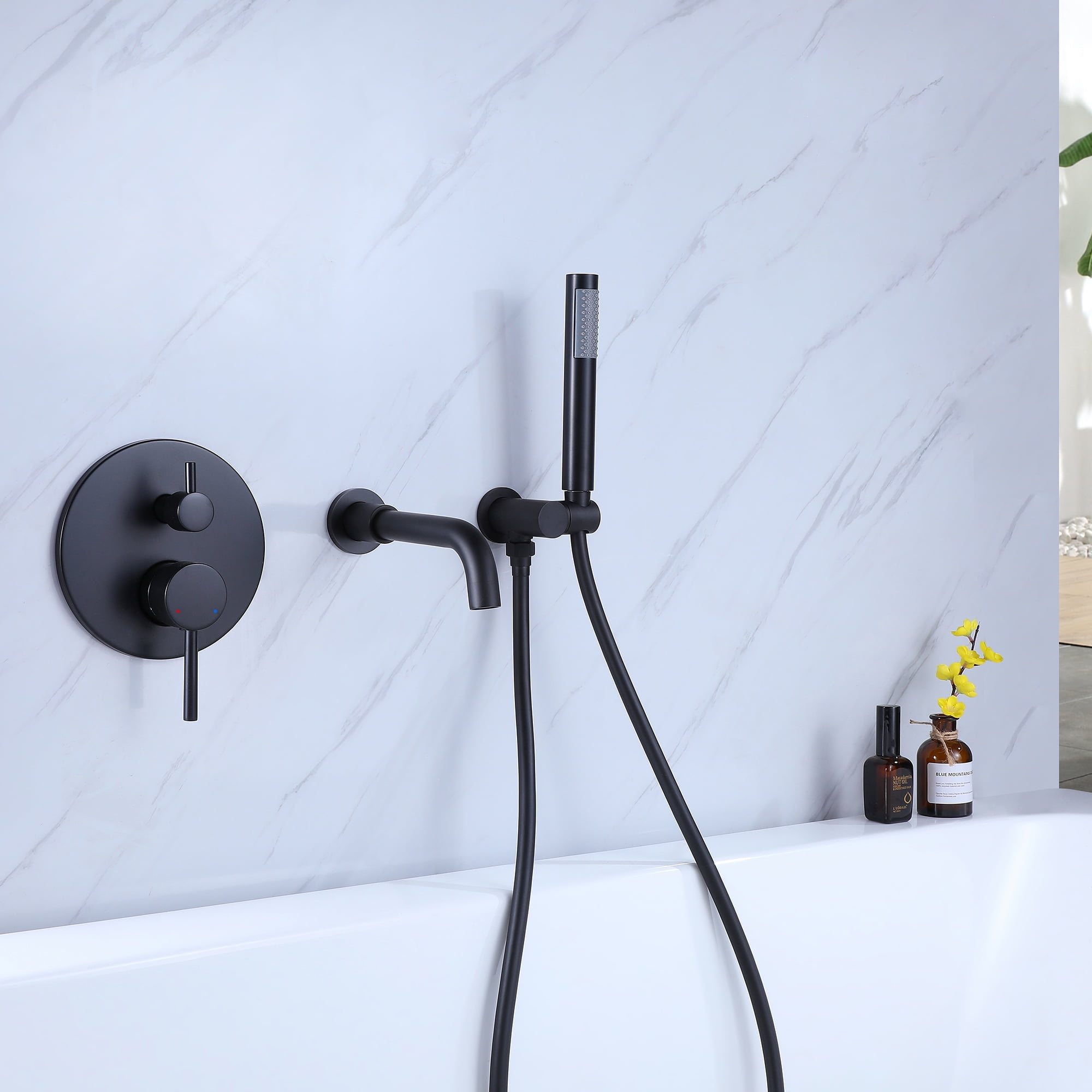 Dual Handles Wall Mounted Bathroom Tub Filler with Hand Shower, Solid Brass Matte Black Waterfall Bathtub Faucet