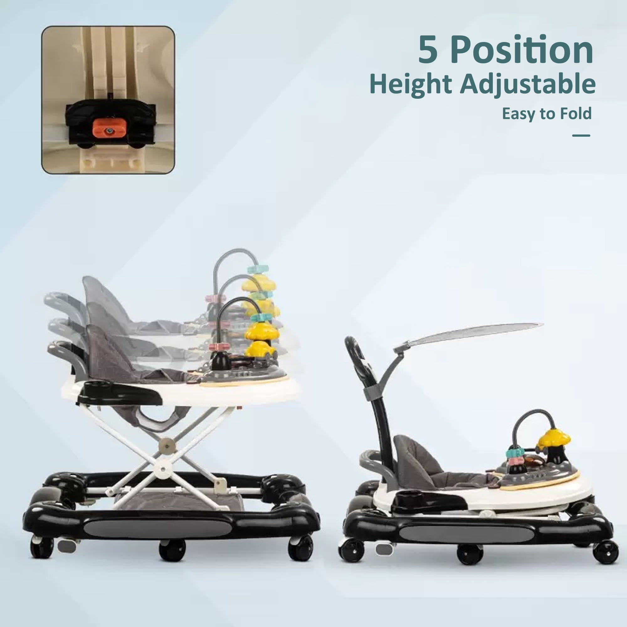 EONROACOO 5-in-1 Baby Walker with Wheels,Infant Toddler Walkers Bouncer for Boys Girls,Black