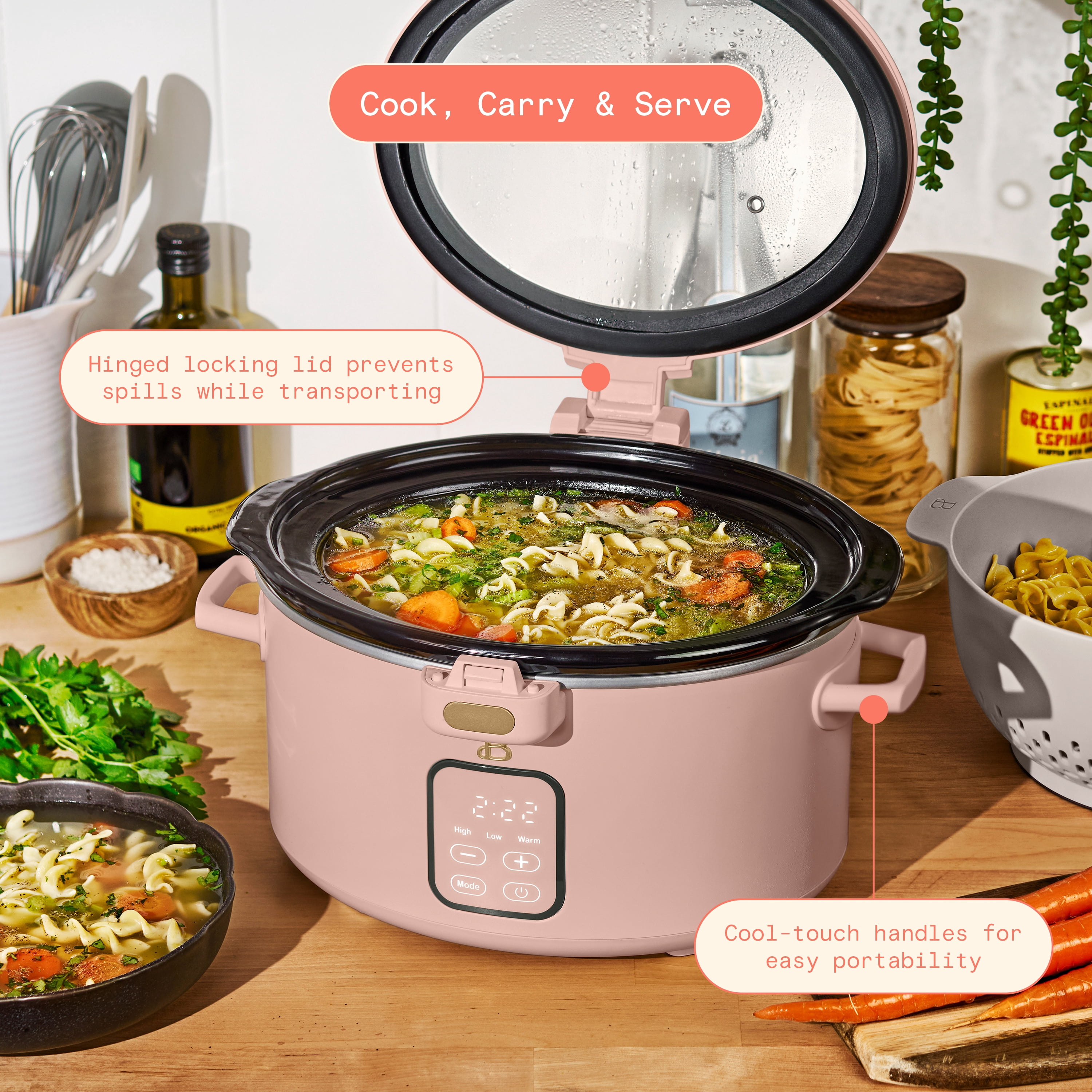 Beautiful 4 Qt Digital Slow Cooker with Hinged Locking Lid, Rose by Drew Barrymore