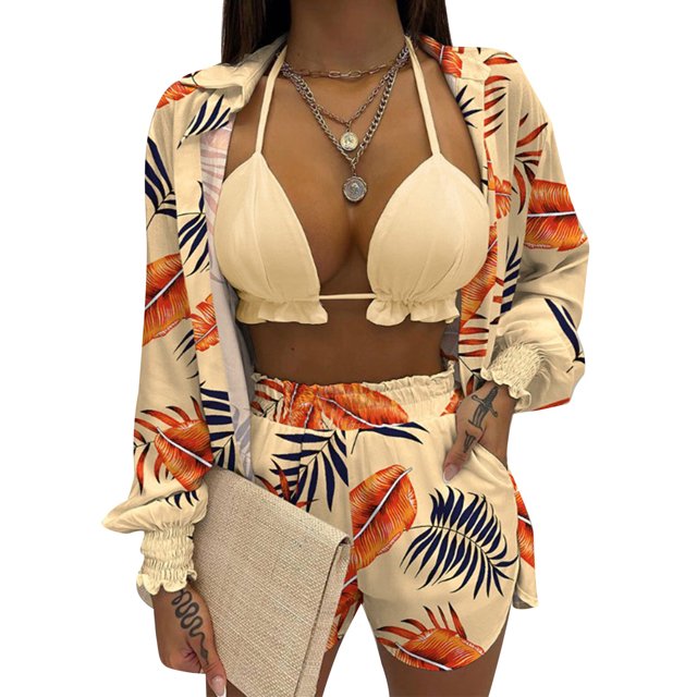 Txlixc Blusa de cuello de solapa de manga larga + pantalones cortos + chaleco de cuello colgante Txlixc moda