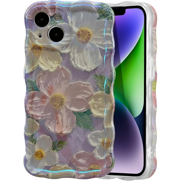 for iPhone 14 Pro Max Case, Colorful Retro Oil Painting Printed Flower Phone Case for Women Girls, TPU Cute Curly Wave Edge Exquisite Stylish Durable Protective Phone Cover,Purple & White