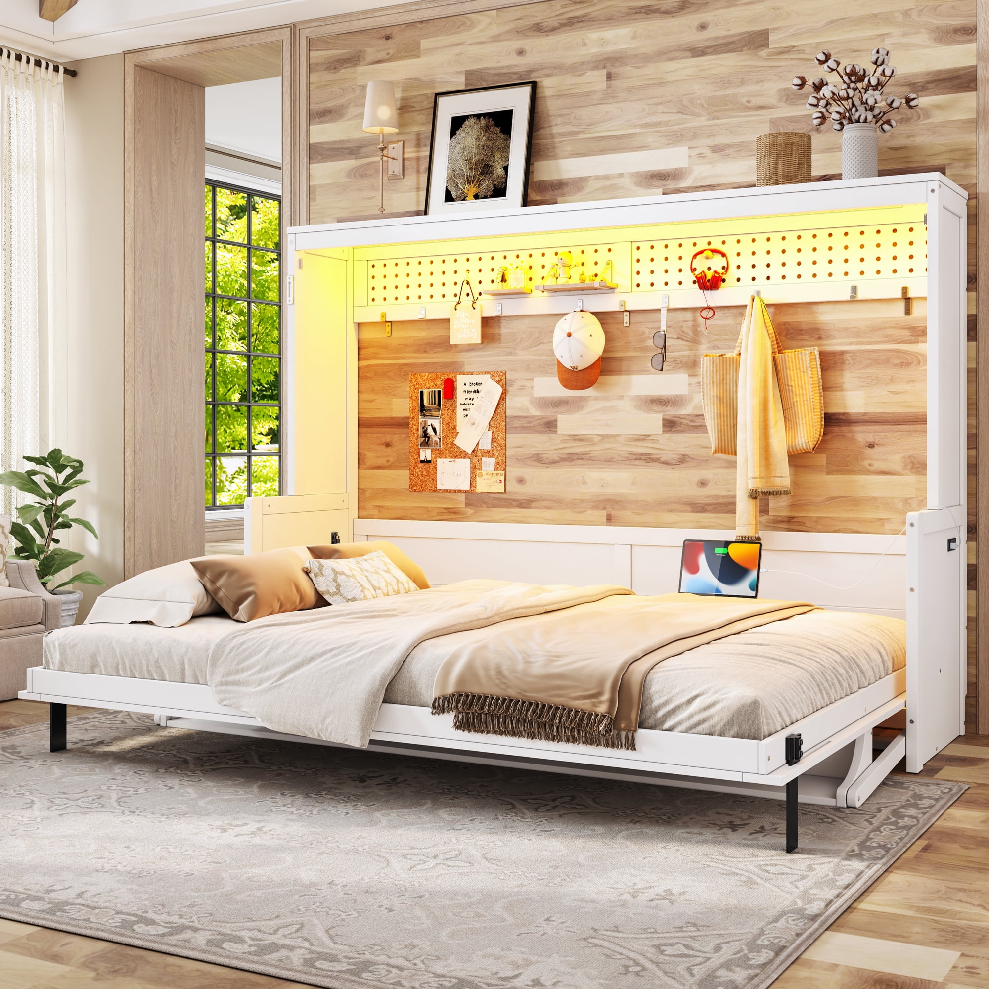 Leumius Queen Size Murphy Bed with Storage & Charging Station,Modern Murphy Cabinet with Desk,Multifunctional Storage Cabinet Bed with Foldable Panel for Guest Bedroom, Living Room, Office,White