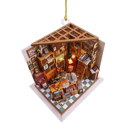 

Topaty Christmas Bookstores Pendant | 2D Acrylic House Christmas Tree Ornaments With Miniature | Creativity House Hanging Ornament Rustic Bookhouse Decorations