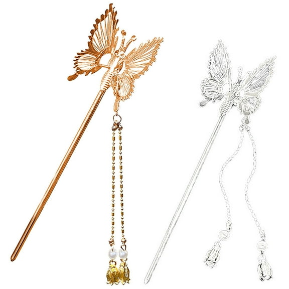 HAKIDZEL 2Pcs Butterfly Tassel Hair Accessories Gold Silver 15X3.8CM For Women Hair Pins