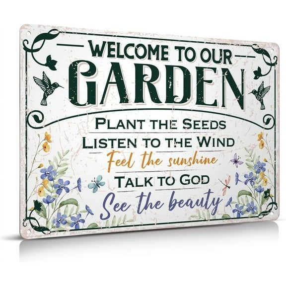 8 x 12 in Metal Tin Sign - Welcome To Our Garden Metal Sign 12"x8" Outside Garden Welcome Sign Gardening Gifts and Decorations for Women Gardeners Plant Lovers