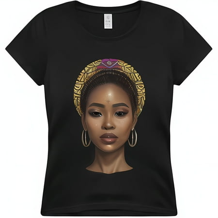 Stunning African Woman Graphic Black T-Shirt with Gold and Purple Head Jewelry Illustration Perfect for