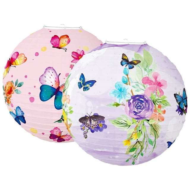 KAKOWELY Paper Lanterns 2Pcs Summer Themed Paper Lantern Butterfly Flower Pattern Hanging Paper Lantern11.81"X11.81"X11.81"