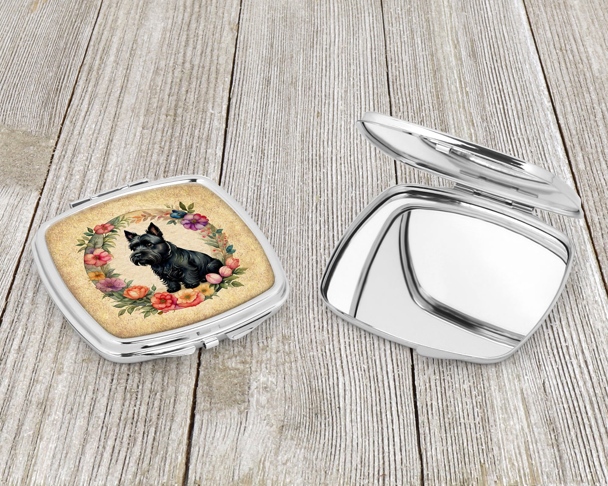 Scottish Terrier and Flowers Compact Mirror 2.75 in x 3 in
