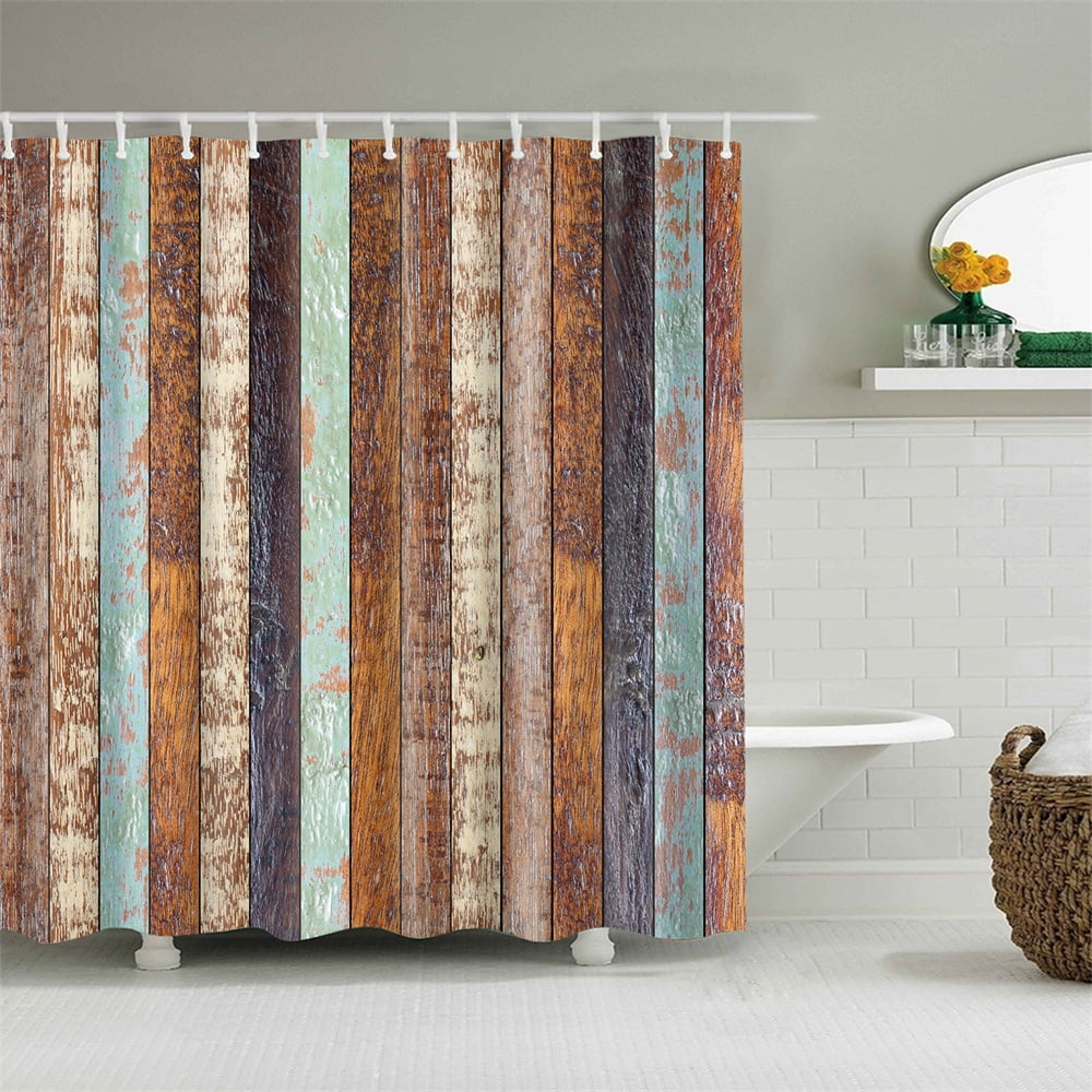 Shower Curtain Set With Hooks Vintage Rusty Wooden Board Brown Blue Bathroom Decor Waterproof 