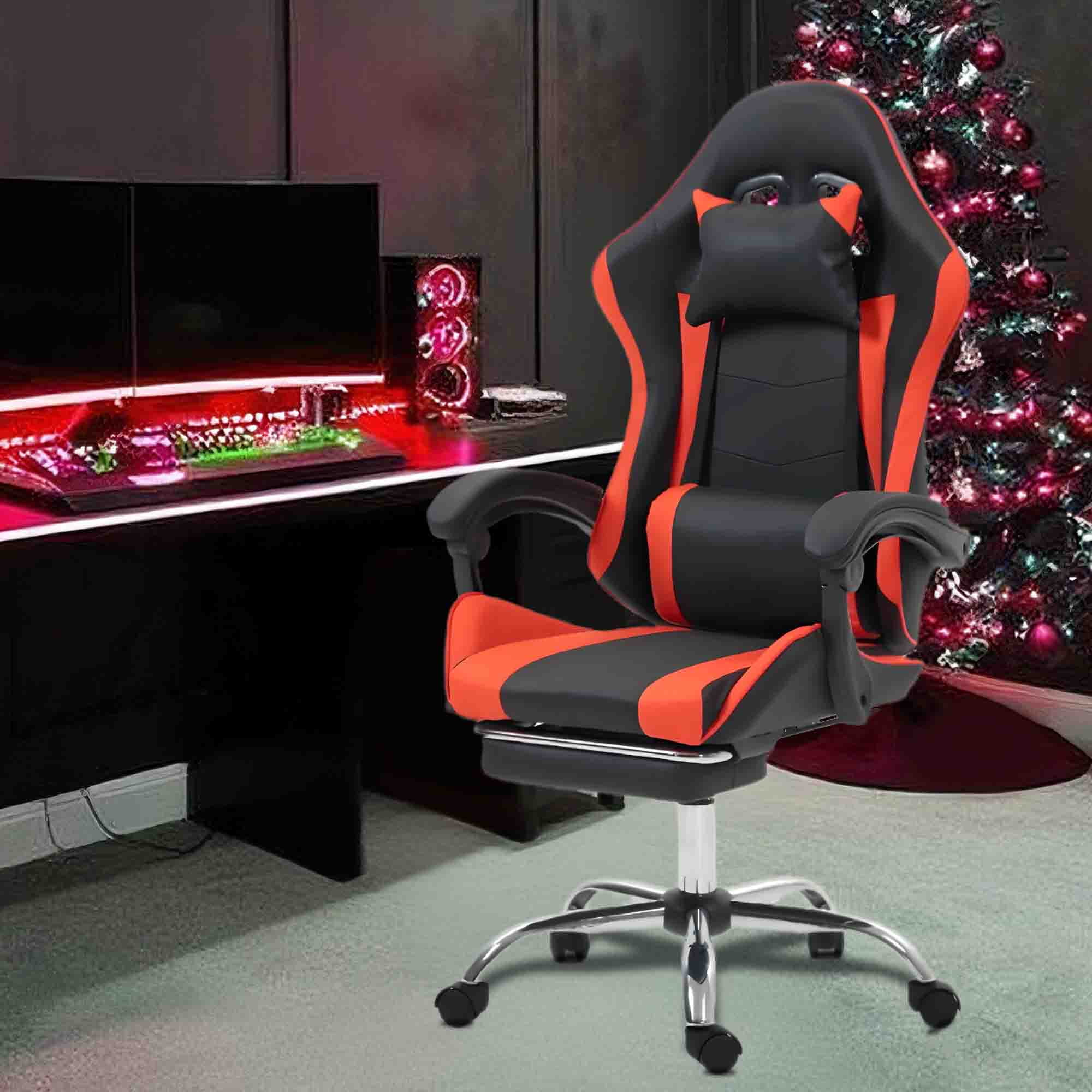 WENTUM Gaming Chair with Massage Lumbar Support - Ergonomic Video Game Chair for Adults, Adjustable Headrest & Footrest, 90-135° Recline, 360° Swivel, Red
