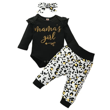 

BrilliantMe Newborn Baby Girl Outfits Set Bodysuit Leopard Pants Headband 3Pcs Suit Black 0-6 Months