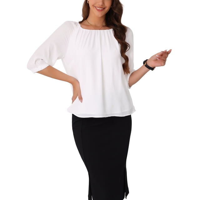 Camisas de trabajo INSPIRE CHIC para mujeres, blusas casuales elegantes de media manga y cuello redondo, XS, blancas