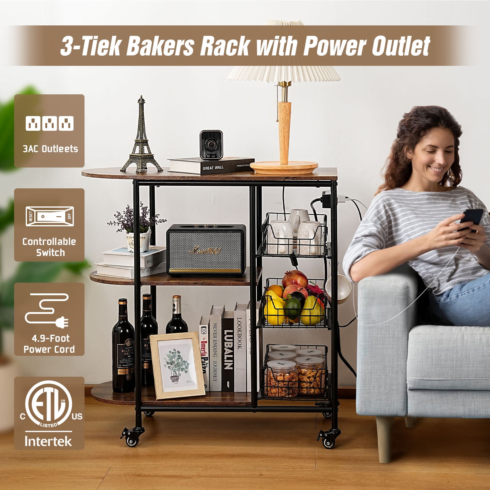 ZZBIQS Bakers Rack with Power Outlet,Rolling Kitchen Island on Wheels for Oven Microwaves,Coffee Bar Table Storage Shelves, 32.7*14.2*33.9 inches,Brown