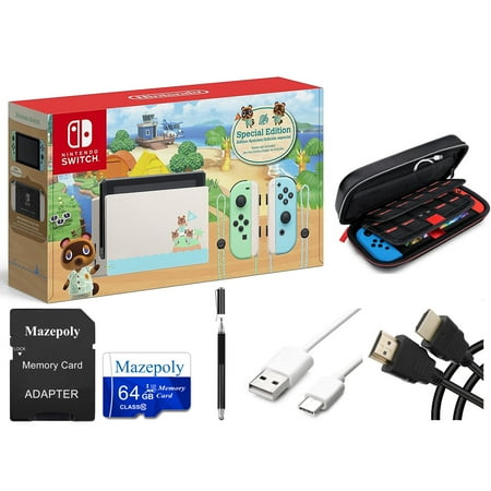 Nintendo Switch Animal Crossing New Horizons Edition 32GB Console with Mazepoly 64GB Memory Card, Mazepoly PU Travel Case with 31 Cards Storge, USB Type-C Cable, HDMI Cable and 2 in 1 Stylus Pen