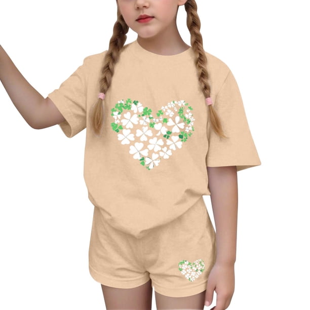 Vestido de manga corta para niños Día de San Patricio impreso de dos piezas Conjunto de cuello redondo con pantalones cortos, blusa de manga corta