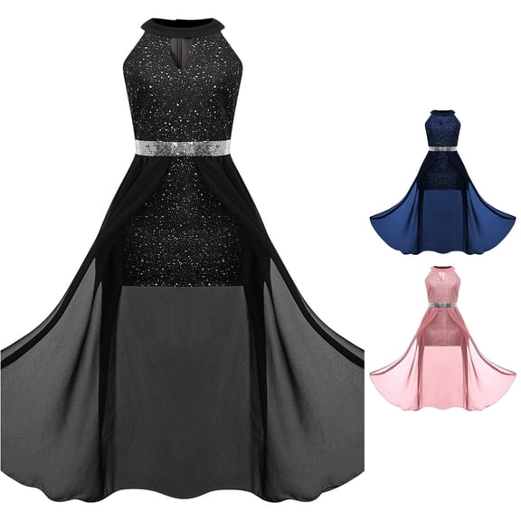 FYDUU High Low Flower Girl Dress Sequin Girls Dresses High Waist Elegant Halter Neck Party Dress Junior Formal Wedding Pageant Gown 15-16 Years