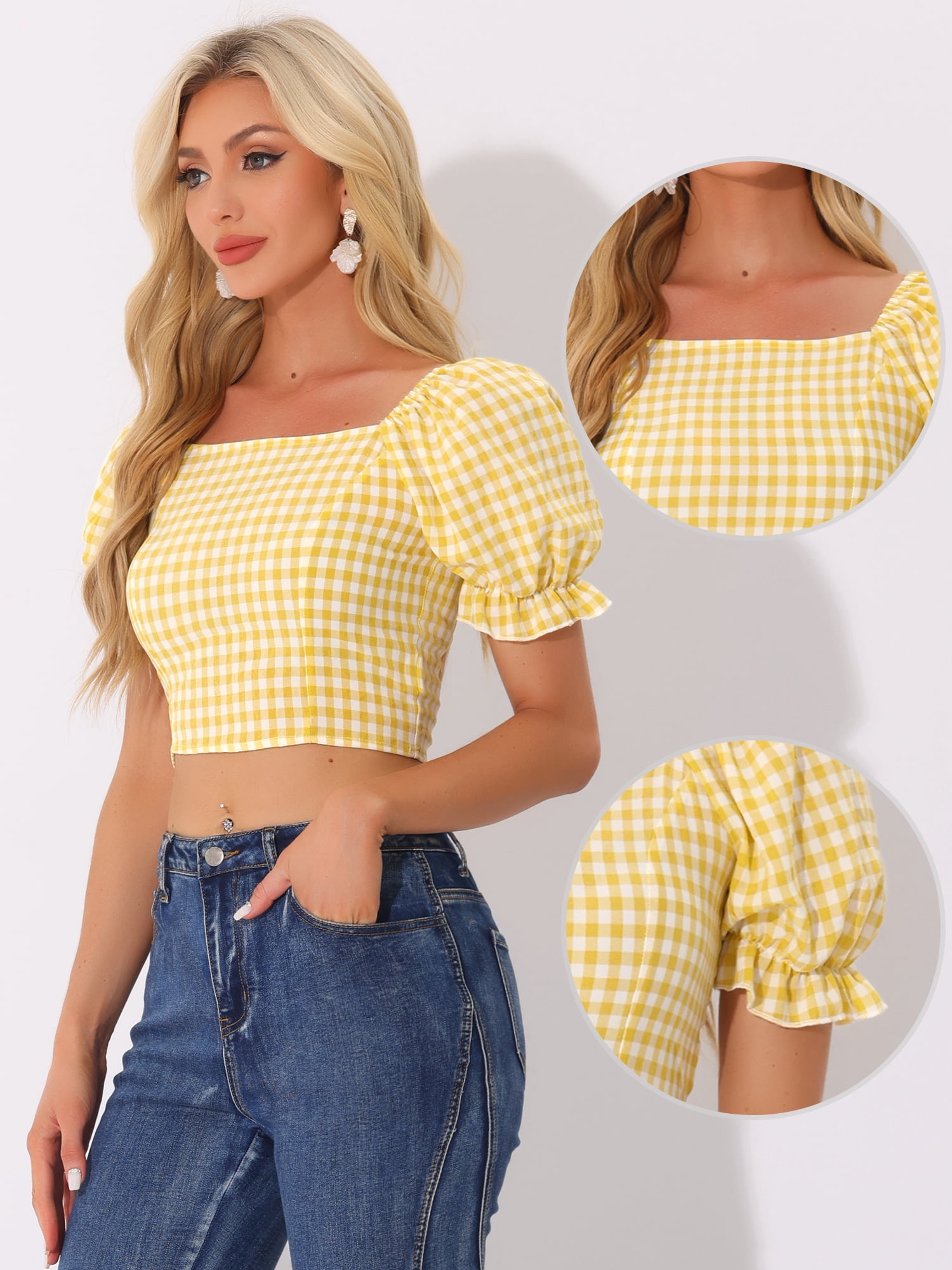 DARING DIVA Women's Smocked Crop Gingham Blouse Top XS Yellow