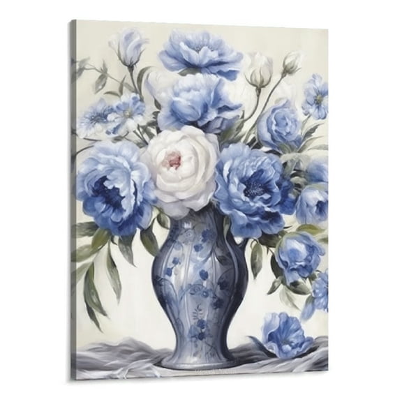 Creowell  Flower Wall Art Blue Floral in Vase Vintage Botanical Pictures Famhouse Canvas Paintings Gray Background for Bathroom Bedroom Living Room Decor 16x20 Inch