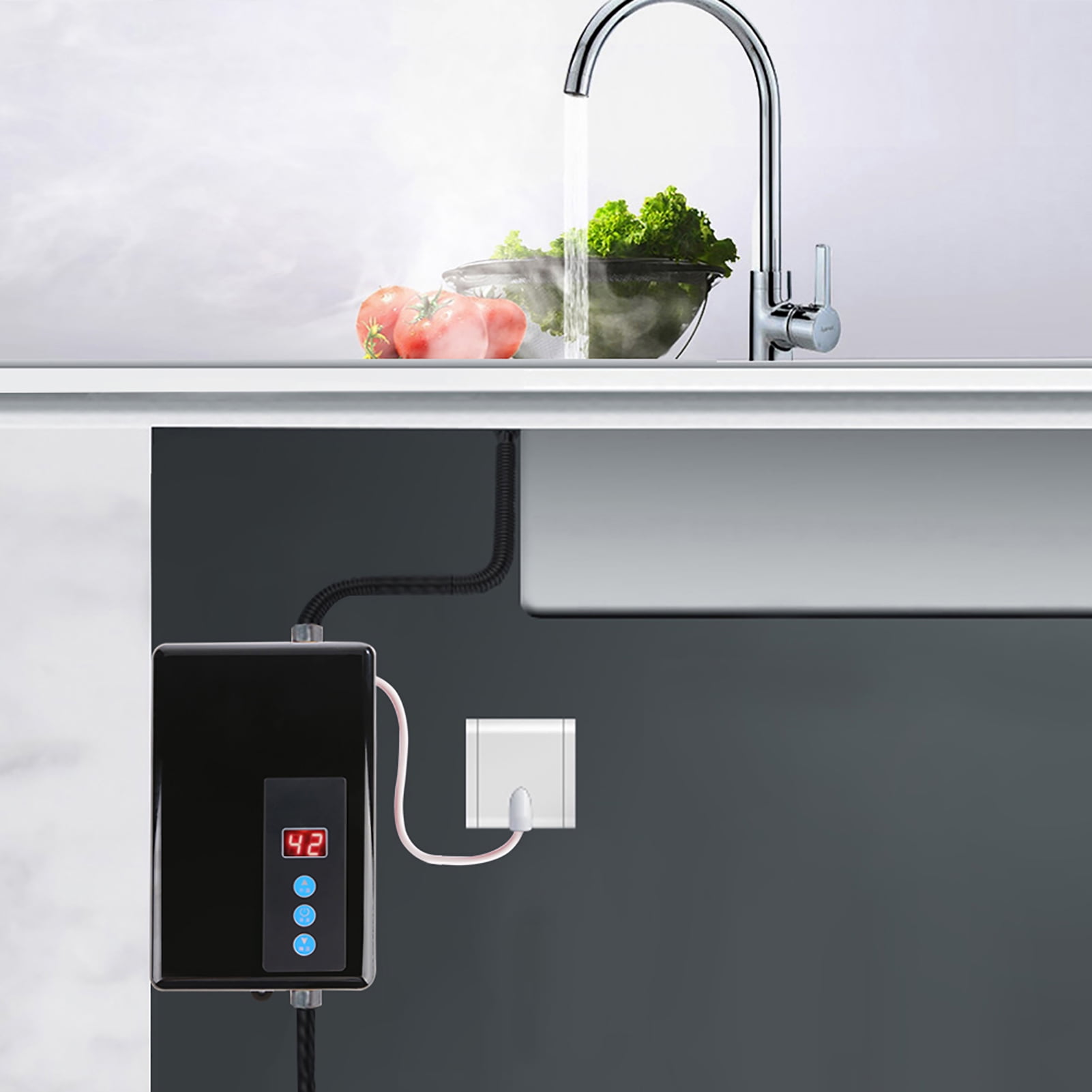 BIMZUC 220V 5.5KW Mini Instant Electric Water Heater Tankless Shower Hot Water System for Kitchen Bathroom Black 8.66 x 5.51 x 2.56 inches / 220 x 140 x 65 mm