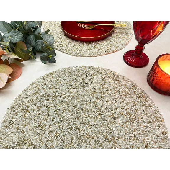 Set of 6, beaded handmade placemat, decorative centrepiece, white and gold beads