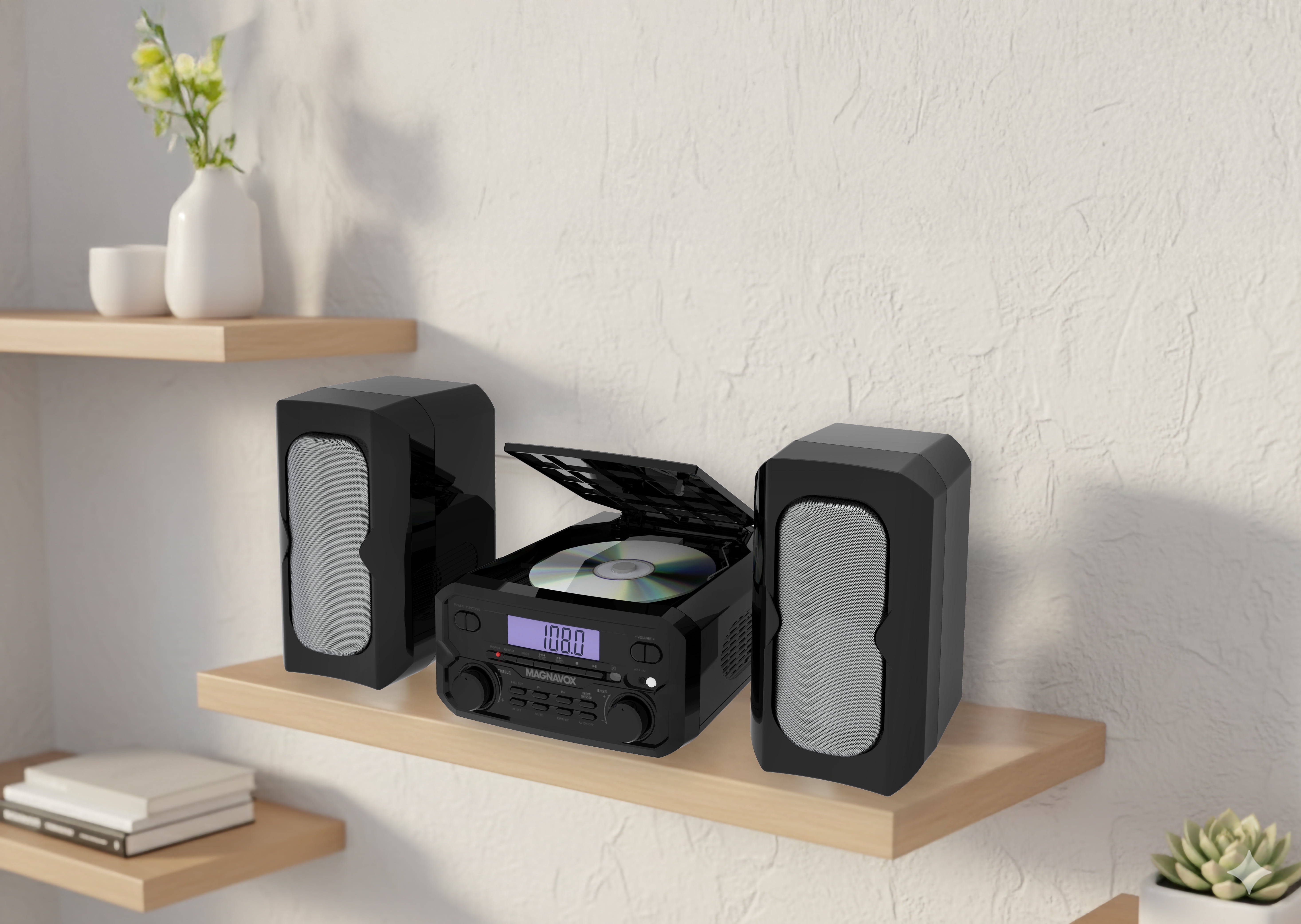 Magnavox Bluetooth 3-in-1 CD Shelf System with FM Stereo, Compact CD Player with Bluetooth Streaming, AUX Input, LCD Display, Top-Loading CD Player, Black