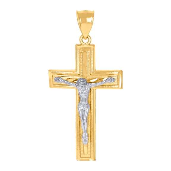10k Two-tone Gold Mens Crucifix Cross Religious Charm Pendant 47.1x22.6mm Wide Necklace for Men