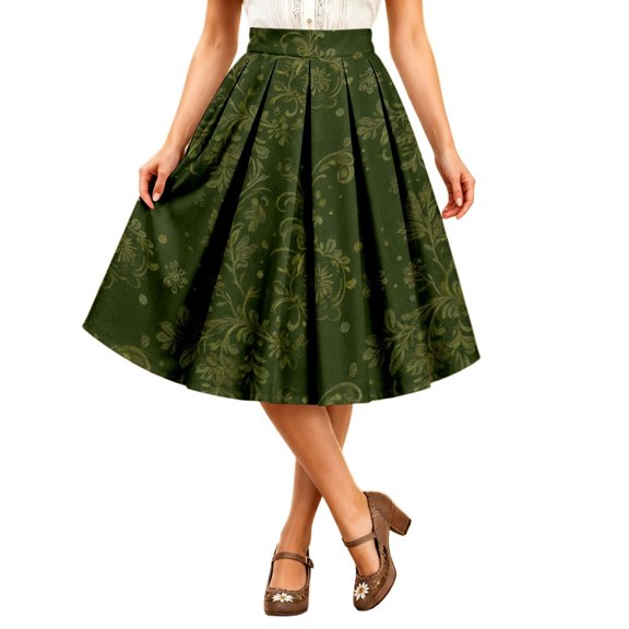 Wxolcjlv Womens Oktoberfest Vintage Floral Pleated Midi Skirt Elastic Waist Folk Bavarian Festival Skirts