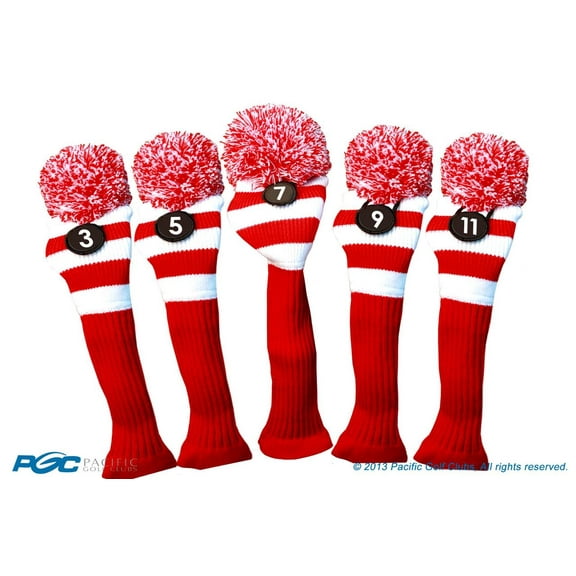Majek Golf Club 3 5 7 9 11 White and Red Limited Edition Fairway Wood Head Covers Tour Knit Retro Vintage Pom Classic Long Neck Metal Longneck Woods Headcovers