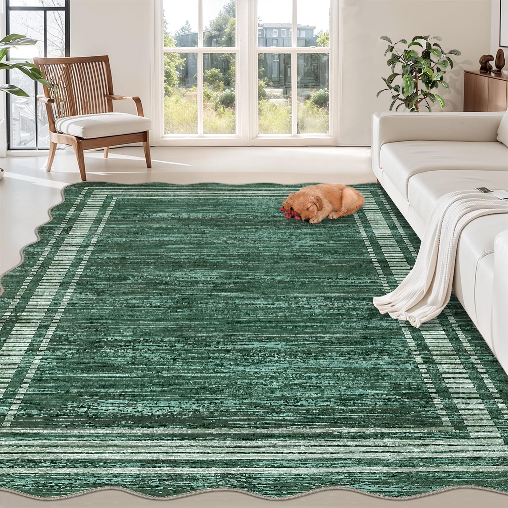 COZONY 10'x13' Modern Scalloped Washable Area Rug, Non-Slip Low-Pile Carpet for Living Room, Dining Area, Green