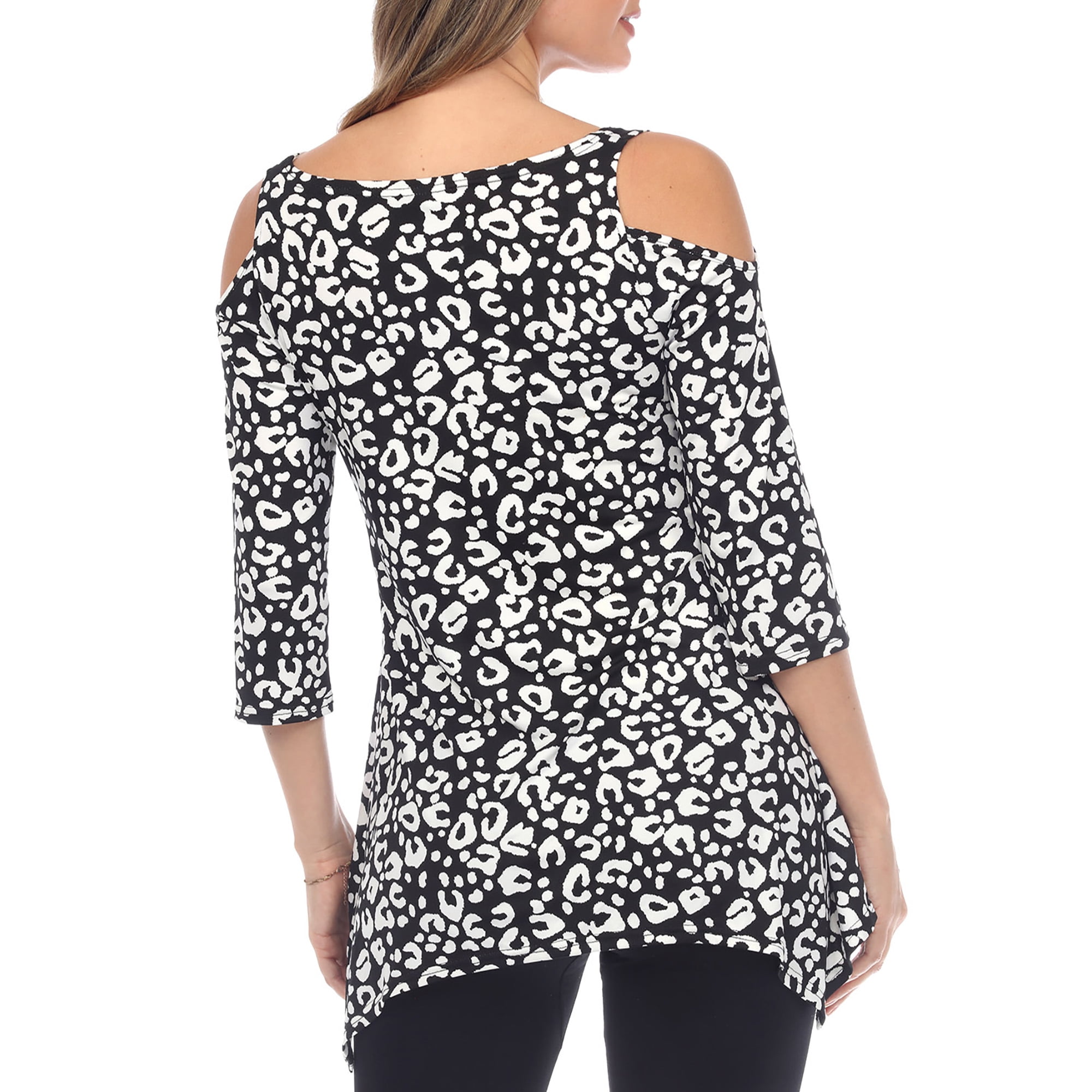 White Mark Fashion Casual Leopard Print Cold Shoulder Top, Women's