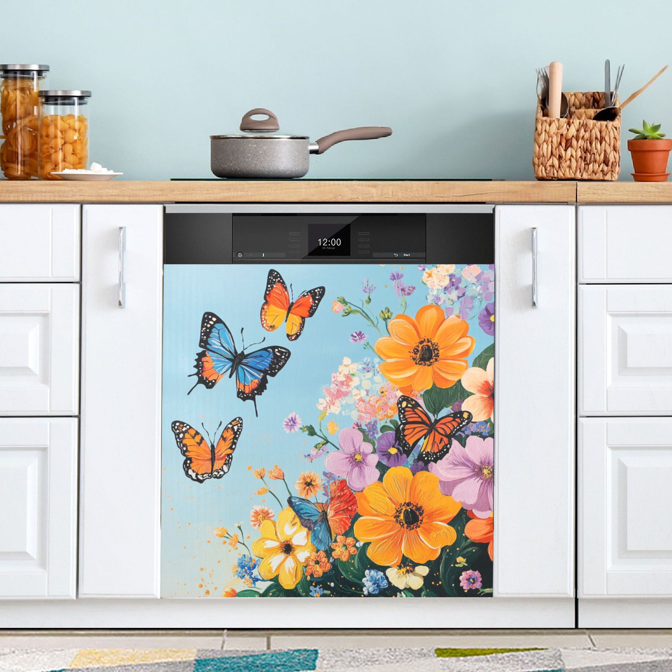 Dishwasher Magnetic Sticker 23x26 Inch Refrigerator Magnetic Sticker Washing Machine Magnetic Sticker Kitchen Panel Magnetic Sticker Home Decor Blue Flowers and Butterflies